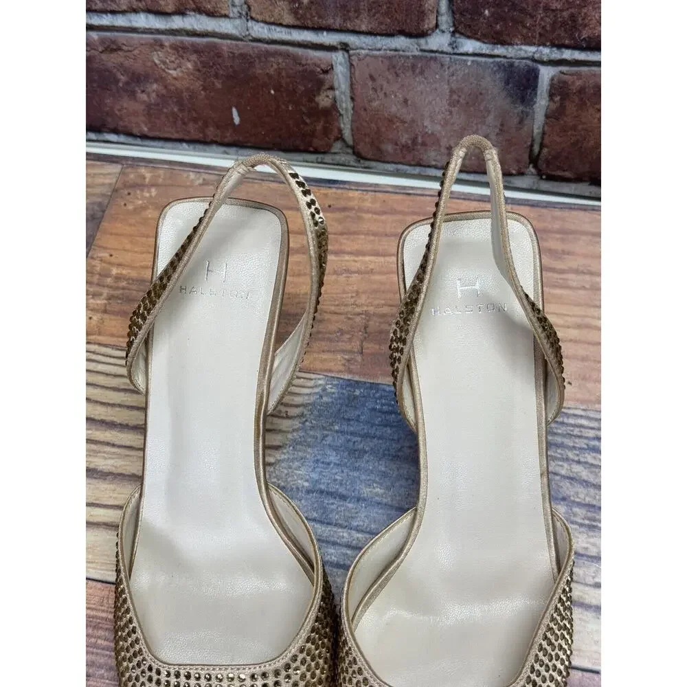Halston Women's Hawaii Embellished Slingback Pointed Toe Heels Gold Rhinestone 8